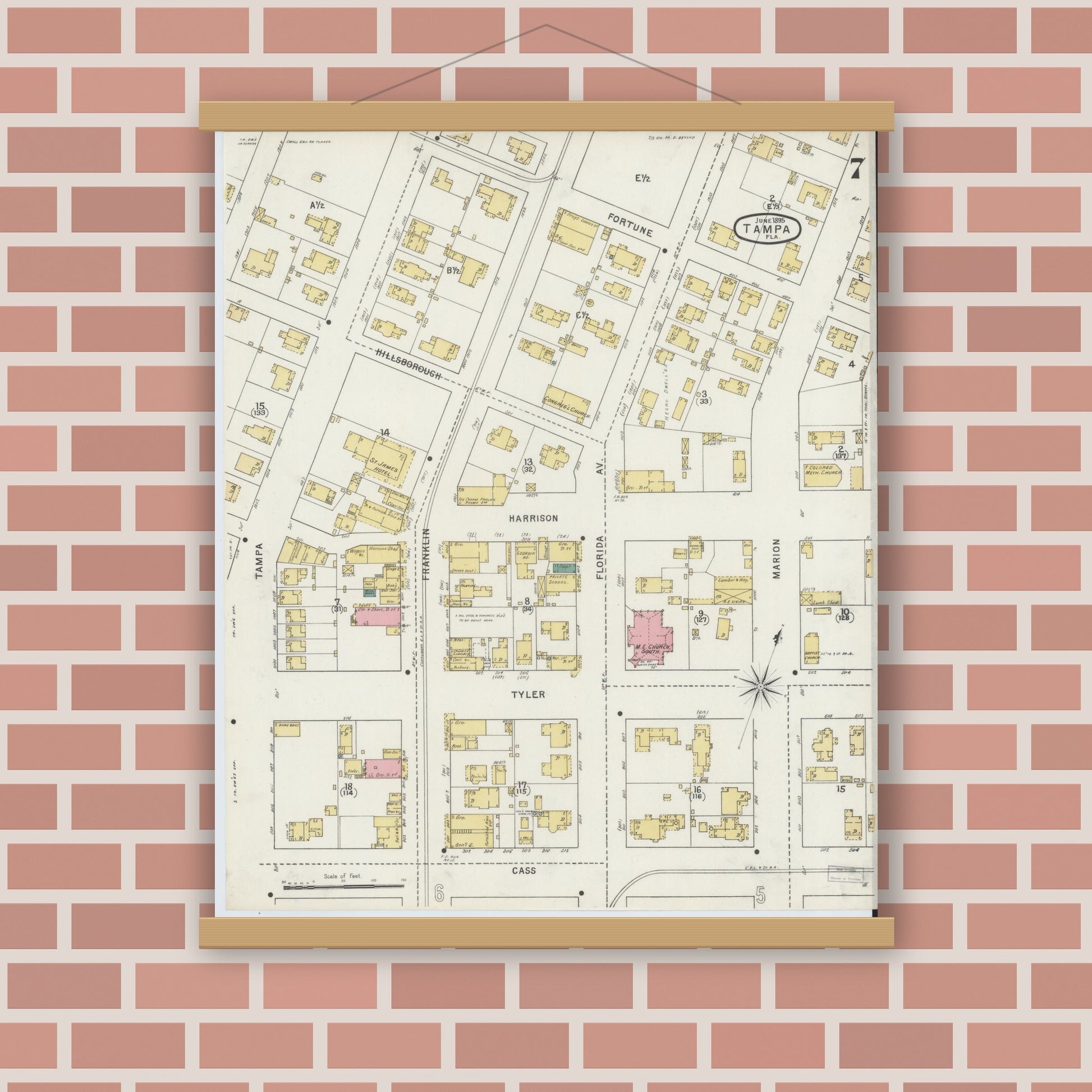 Old map wall art mockup — magnetic wood frame on brick wall — Sanborn Fire Insurance Map from Tampa, Hillsborough County, Florida (1895), Sheet #0011