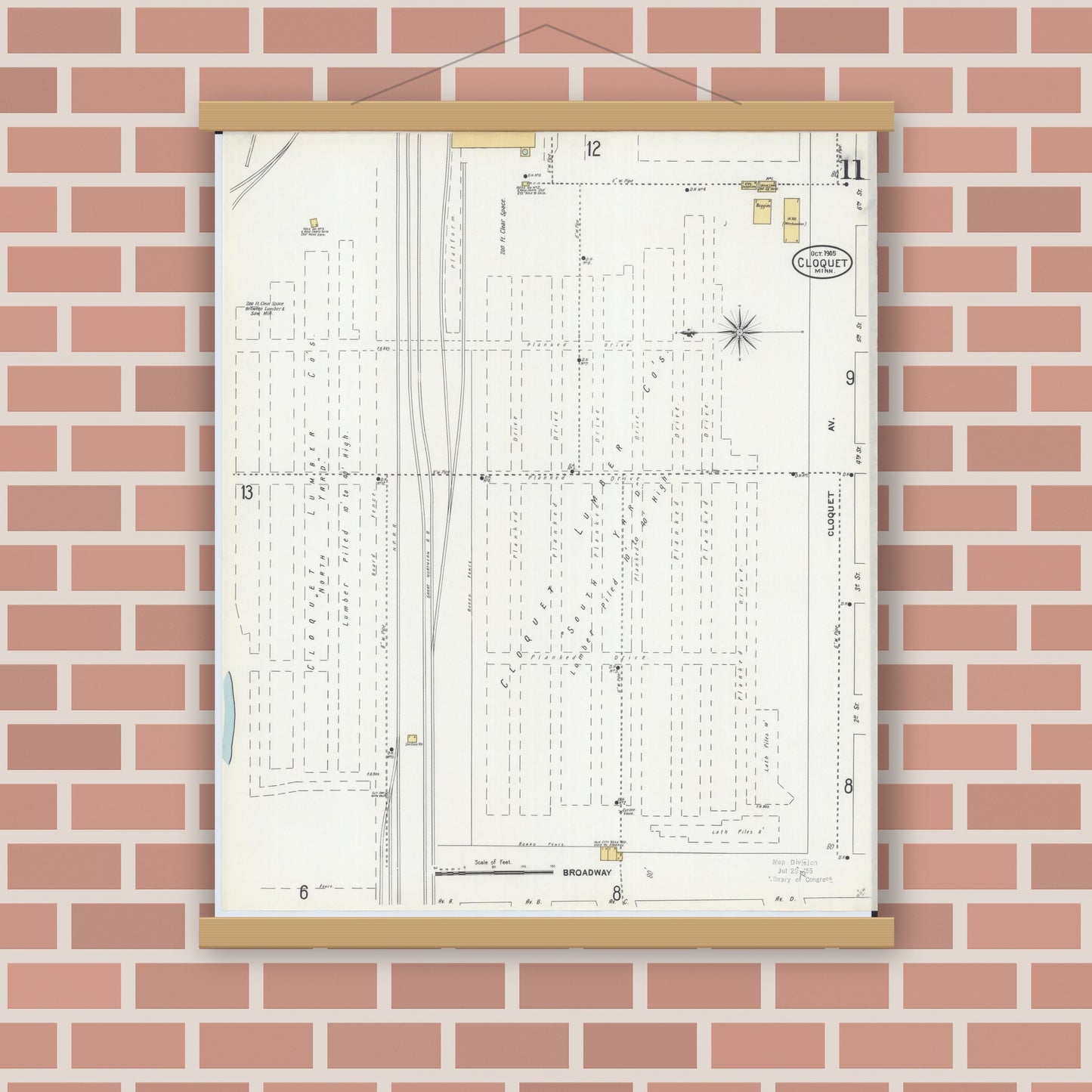 Old map wall art mockup — magnetic wood frame on brick wall — Sanborn Fire Insurance Map from Cloquet, Carlton County, Minnesota (1905), Sheet #0011