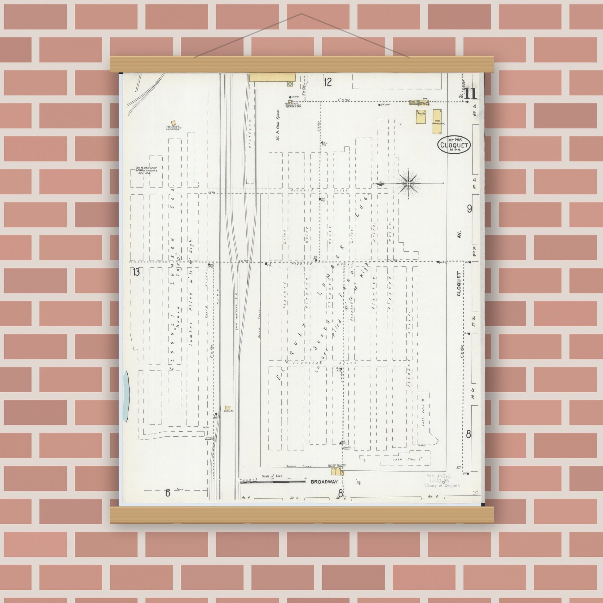 Old map wall art mockup — magnetic wood frame on brick wall — Sanborn Fire Insurance Map from Cloquet, Carlton County, Minnesota (1905), Sheet #0011