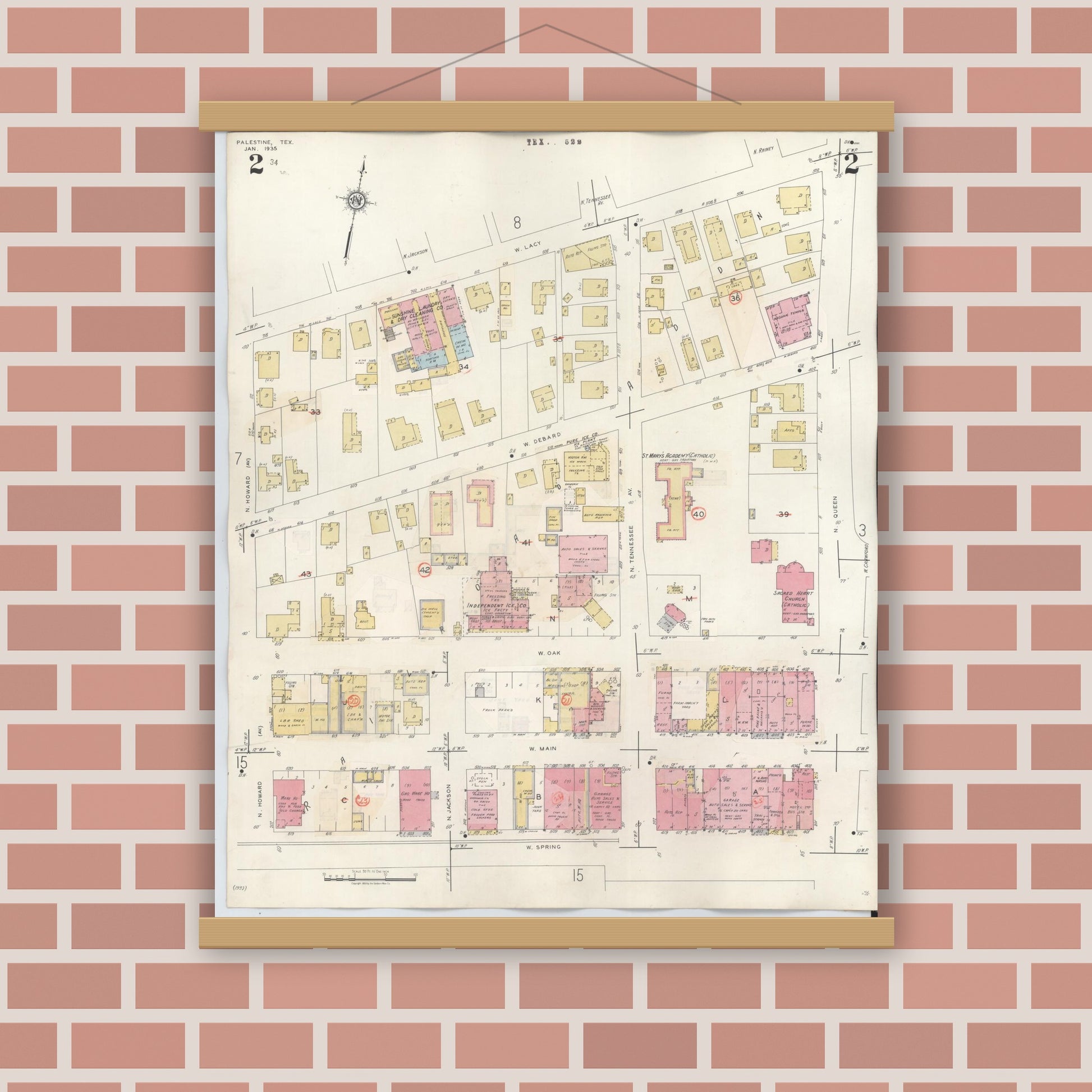 Old map wall art mockup — magnetic wood frame on brick wall — Sanborn Fire Insurance Map from Palestine, Anderson County, Texas (1949), Sheet #0002