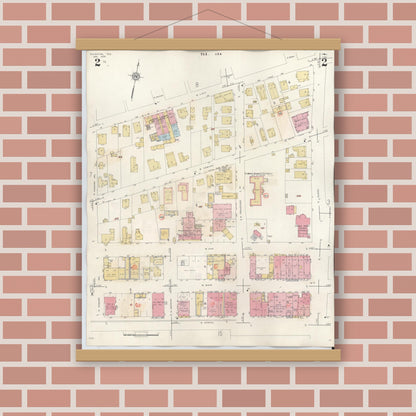 Old map wall art mockup — magnetic wood frame on brick wall — Sanborn Fire Insurance Map from Palestine, Anderson County, Texas (1949), Sheet #0002