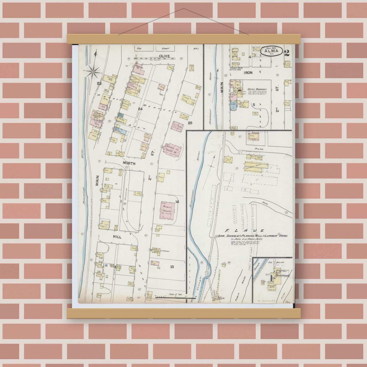 Old map wall art mockup — magnetic wood frame on brick wall — Sanborn Fire Insurance Map from Alma, Buffalo County, Wisconsin (1889), Sheet #0002