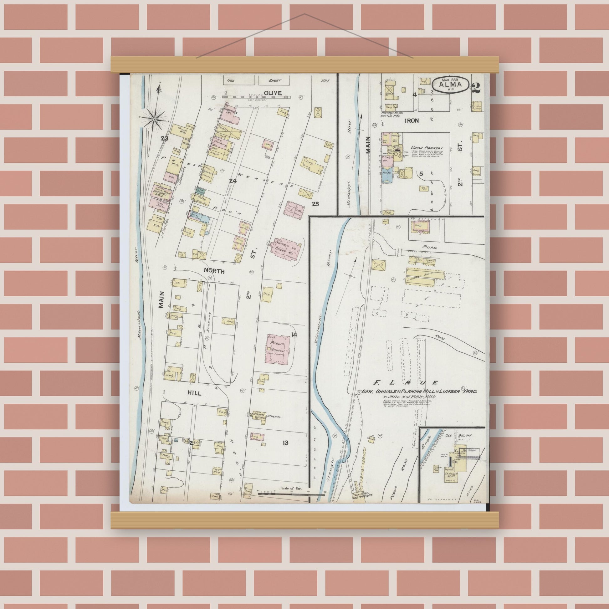 Old map wall art mockup — magnetic wood frame on brick wall — Sanborn Fire Insurance Map from Alma, Buffalo County, Wisconsin (1889), Sheet #0002