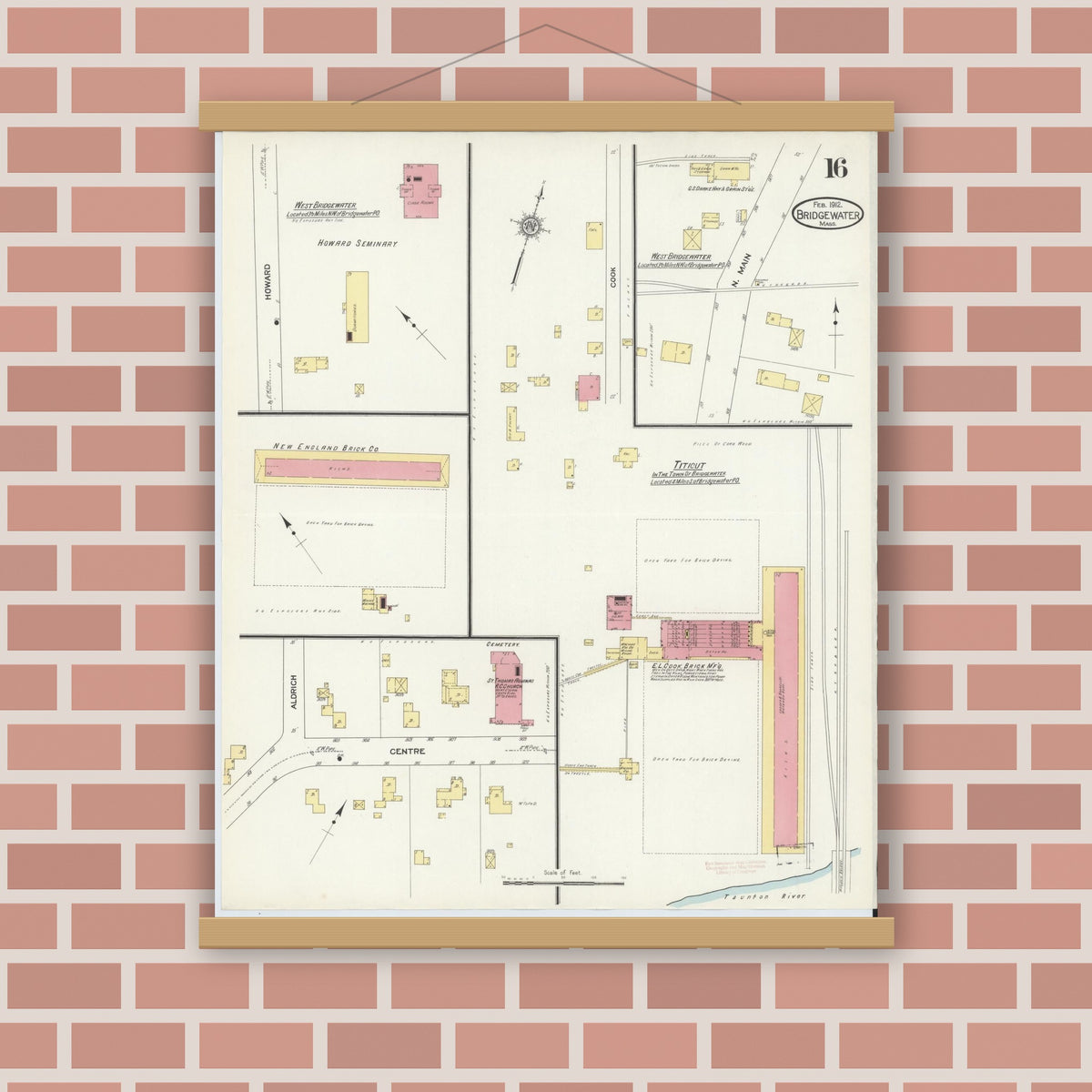 Old map wall art mockup — magnetic wood frame on brick wall — Sanborn Fire Insurance Map from Bridgewater, Plymouth County, Massachusetts (1912), Sheet #0016