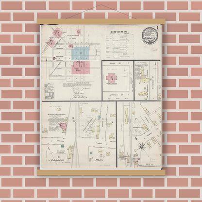 Old map wall art mockup — magnetic wood frame on brick wall — Sanborn Fire Insurance Map from Rushville, Schuyler County, Illinois (1886), Sheet #0001