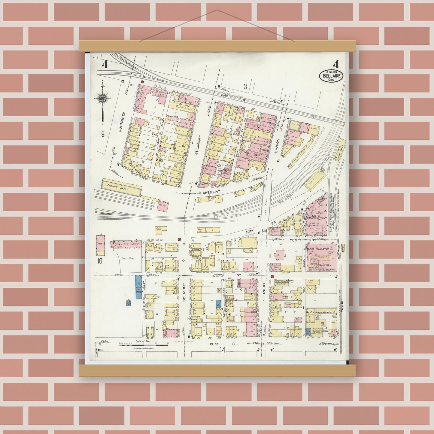 Old map wall art mockup — magnetic wood frame on brick wall — Sanborn Fire Insurance Map from Bellaire, Belmont County, Ohio (1924), Sheet #0004