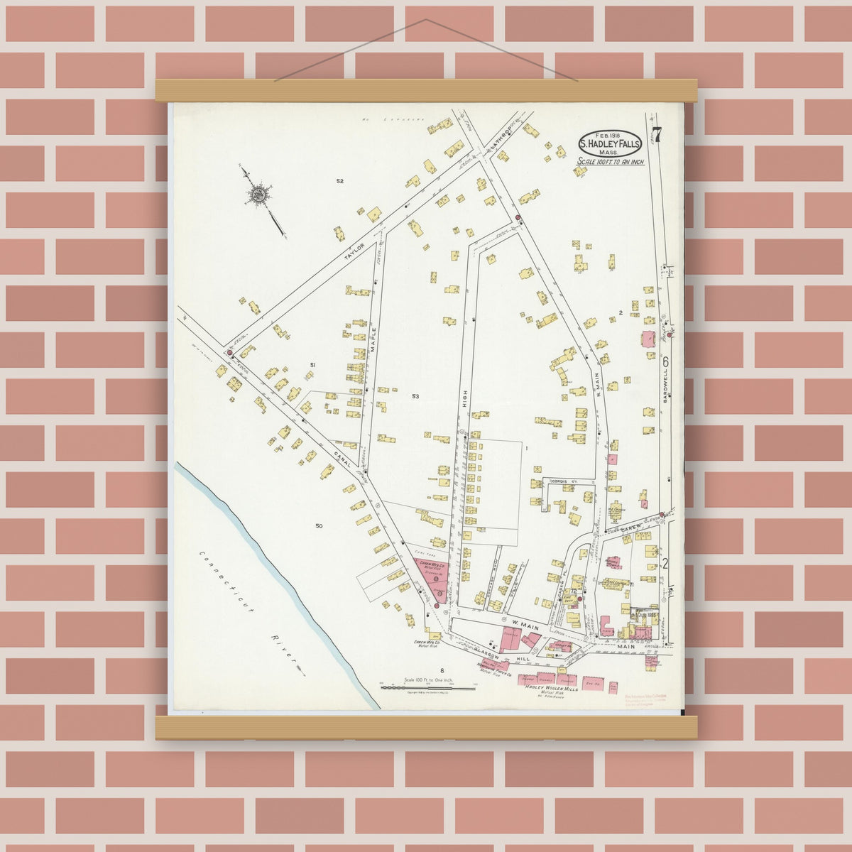 Old map wall art mockup — magnetic wood frame on brick wall — Sanborn Fire Insurance Map from South Hadley Falls, Hampshire County, Massachusetts (1918), Sheet #0007