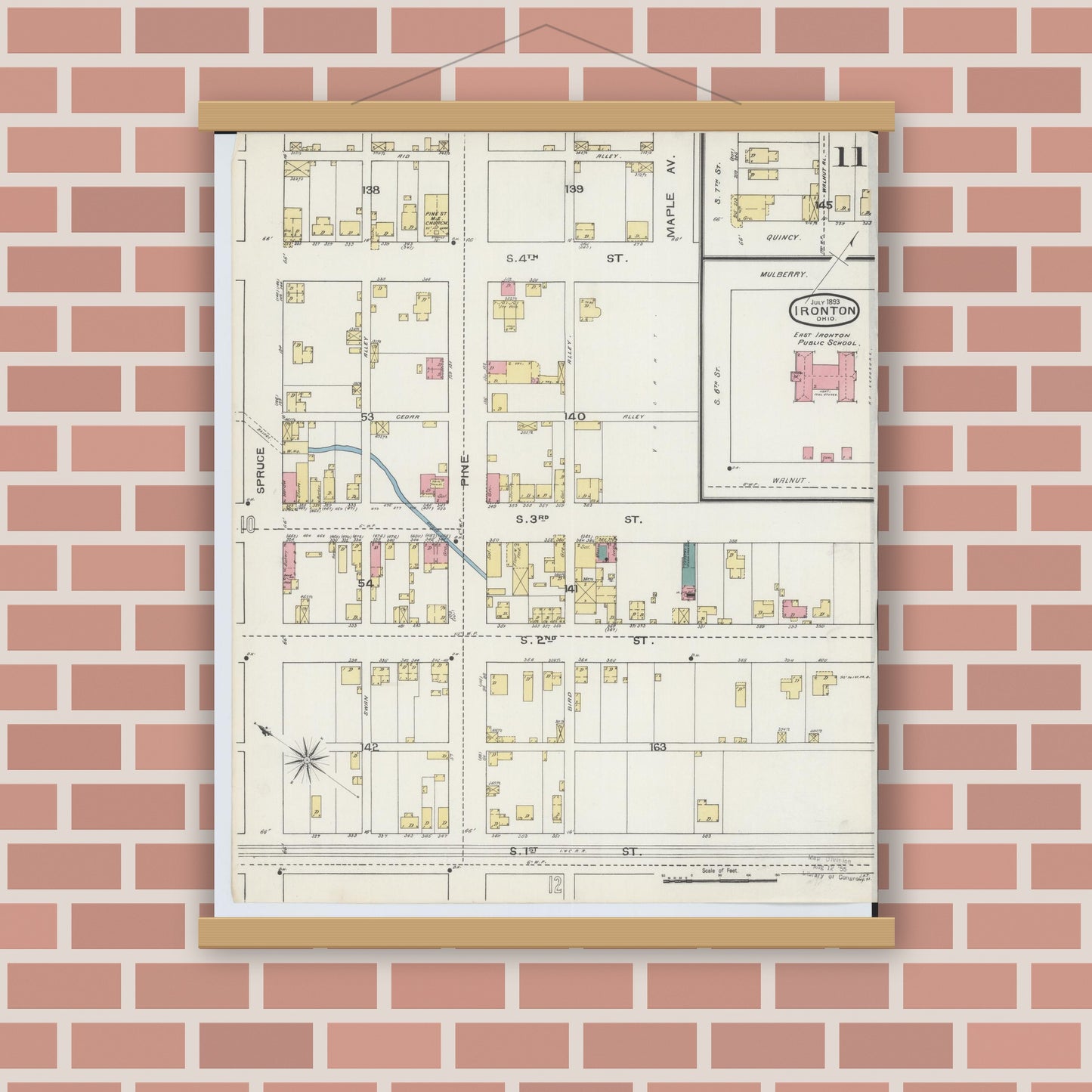 Old map wall art mockup — magnetic wood frame on brick wall — Sanborn Fire Insurance Map from Ironton, Lawrence County, Ohio (1893), Sheet #0011