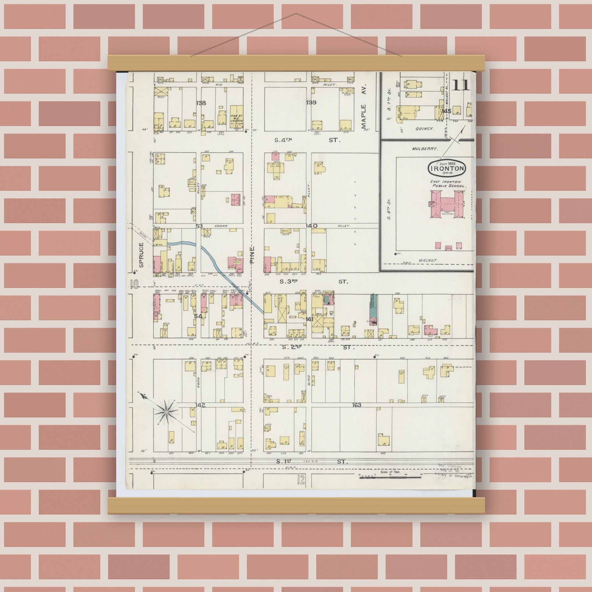Old map wall art mockup — magnetic wood frame on brick wall — Sanborn Fire Insurance Map from Ironton, Lawrence County, Ohio (1893), Sheet #0011