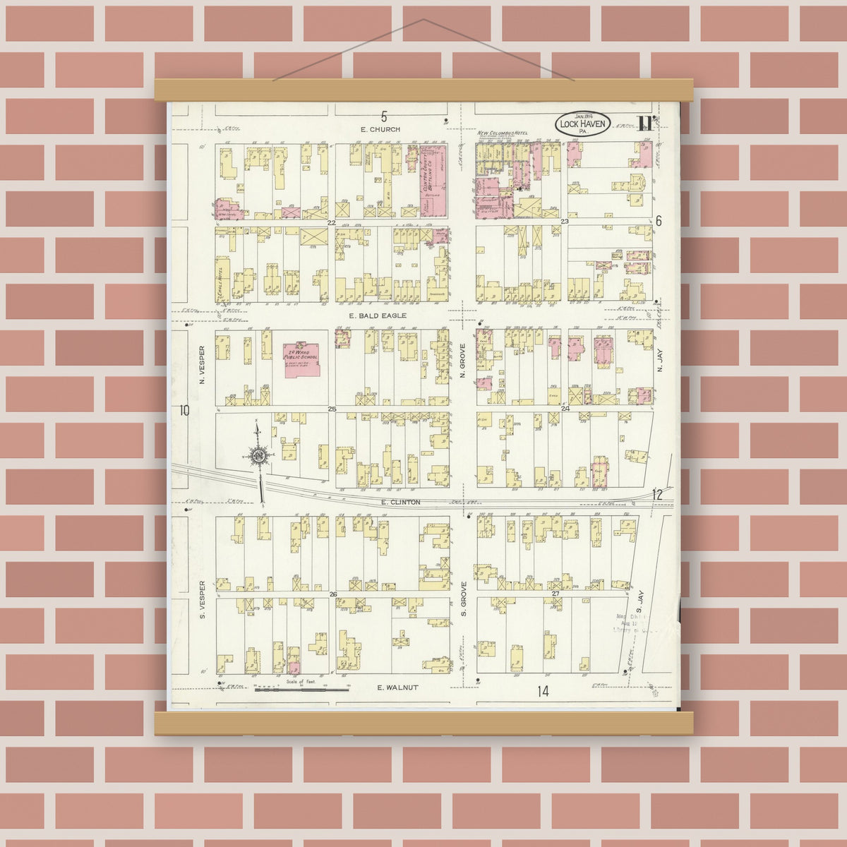 Old map wall art mockup — magnetic wood frame on brick wall — Sanborn Fire Insurance Map from Lock Haven, Clinton County, Pennsylvania (1914), Sheet #0011