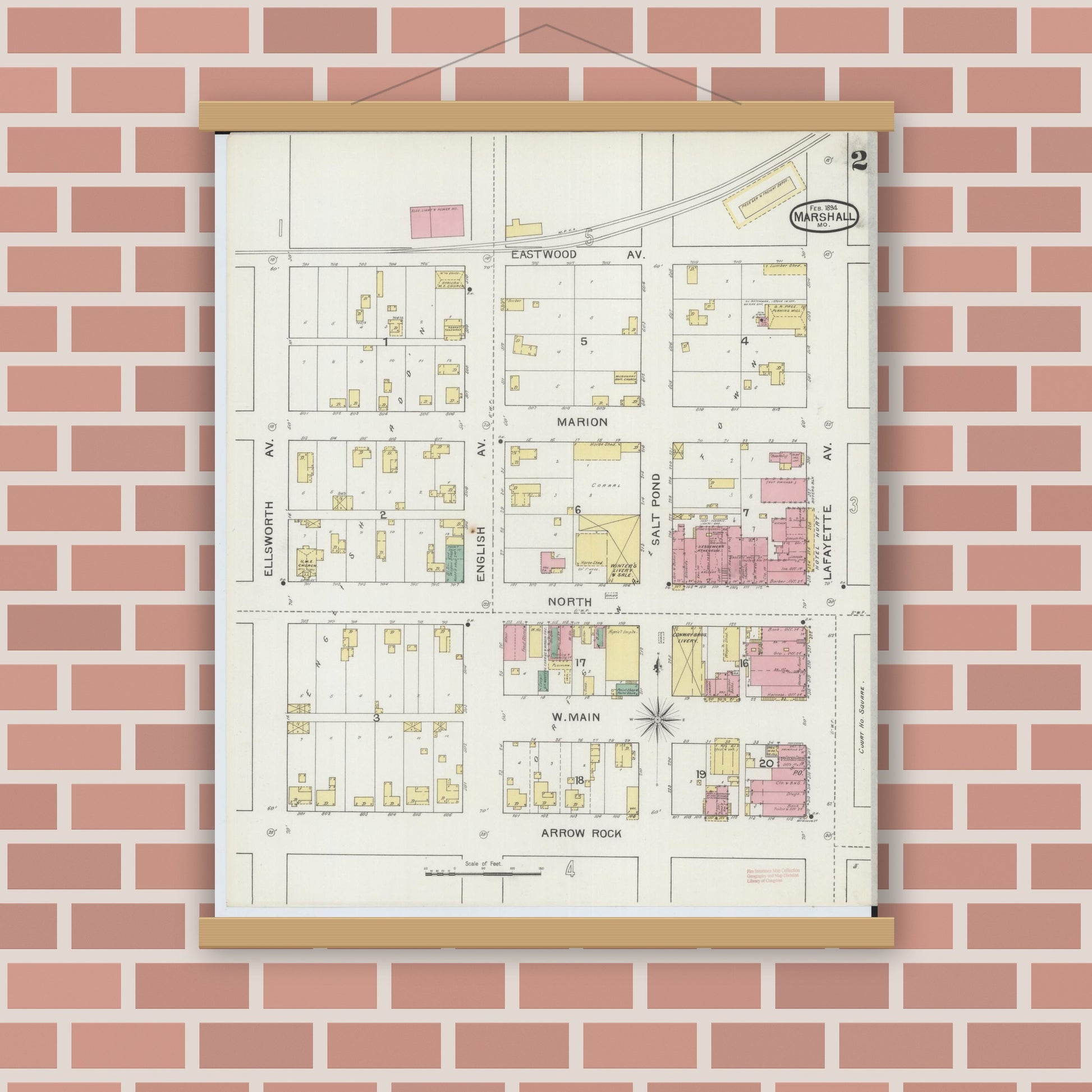 Old map wall art mockup — magnetic wood frame on brick wall — Sanborn Fire Insurance Map from Marshall, Saline County, Missouri (1894), Sheet #0002
