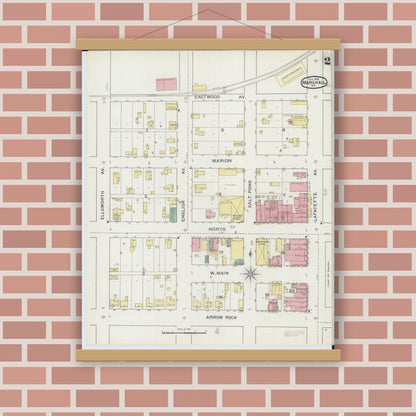 Old map wall art mockup — magnetic wood frame on brick wall — Sanborn Fire Insurance Map from Marshall, Saline County, Missouri (1894), Sheet #0002