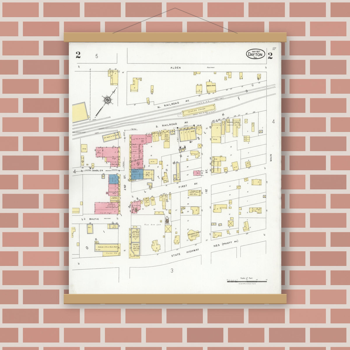Old map wall art mockup — magnetic wood frame on brick wall — Sanborn Fire Insurance Map from Dayton, Liberty County, Texas (1927), Sheet #0002