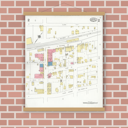 Old map wall art mockup — magnetic wood frame on brick wall — Sanborn Fire Insurance Map from Dayton, Liberty County, Texas (1927), Sheet #0002