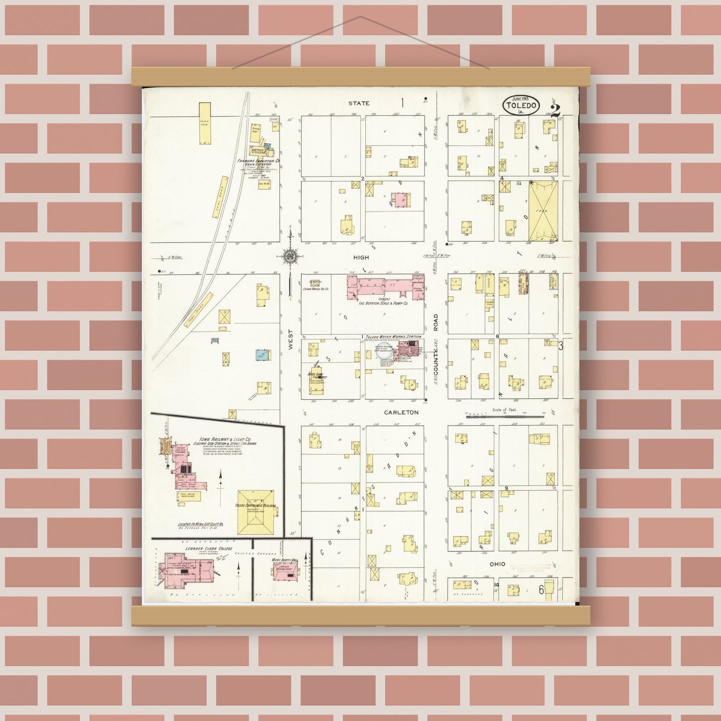 Old map wall art mockup — magnetic wood frame on brick wall — Sanborn Fire Insurance Map from Toledo, Tama County, Iowa (1915), Sheet #0002