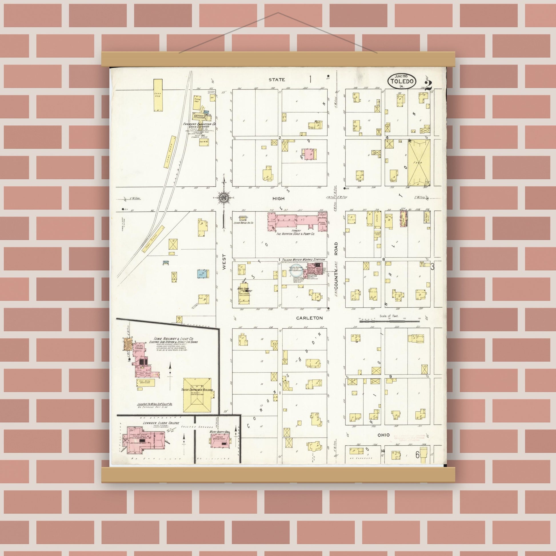 Old map wall art mockup — magnetic wood frame on brick wall — Sanborn Fire Insurance Map from Toledo, Tama County, Iowa (1915), Sheet #0002
