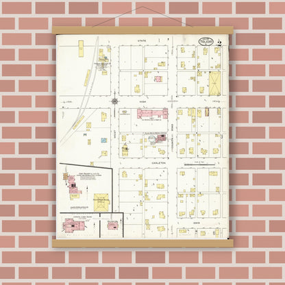 Old map wall art mockup — magnetic wood frame on brick wall — Sanborn Fire Insurance Map from Toledo, Tama County, Iowa (1915), Sheet #0002