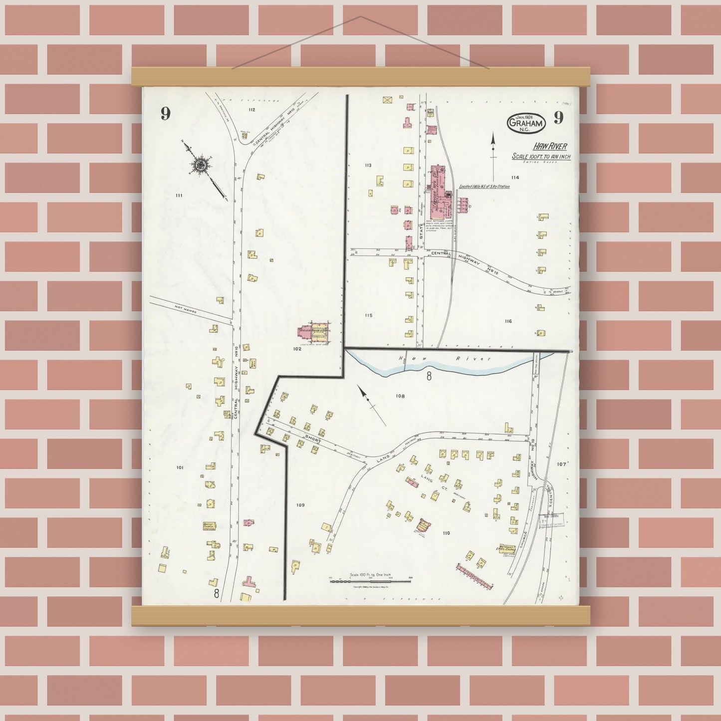 Old map wall art mockup — magnetic wood frame on brick wall — Sanborn Fire Insurance Map from Graham, Alamance County, North Carolina (1924), Sheet #0009