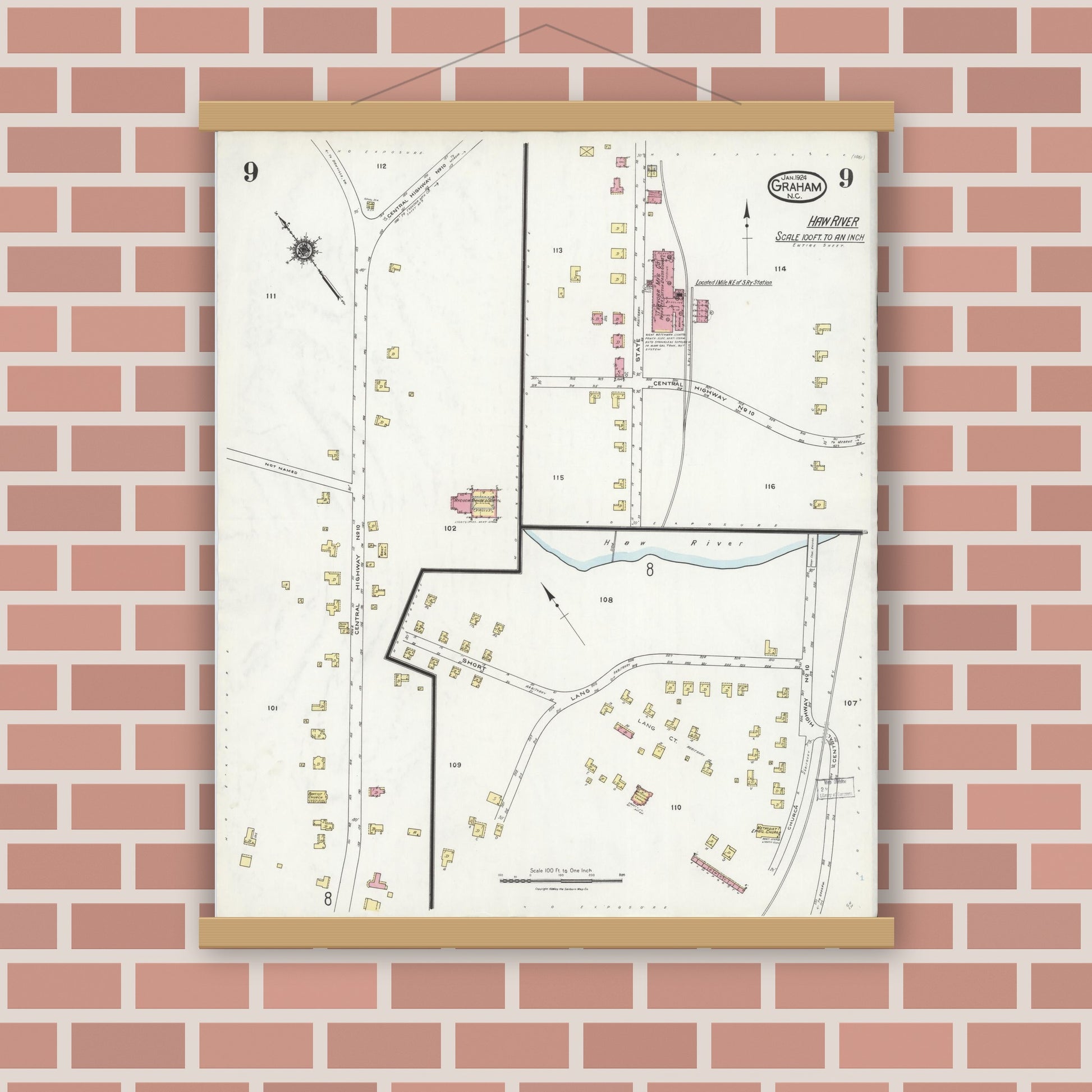 Old map wall art mockup — magnetic wood frame on brick wall — Sanborn Fire Insurance Map from Graham, Alamance County, North Carolina (1924), Sheet #0009