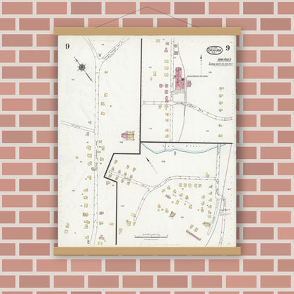 Old map wall art mockup — magnetic wood frame on brick wall — Sanborn Fire Insurance Map from Graham, Alamance County, North Carolina (1924), Sheet #0009