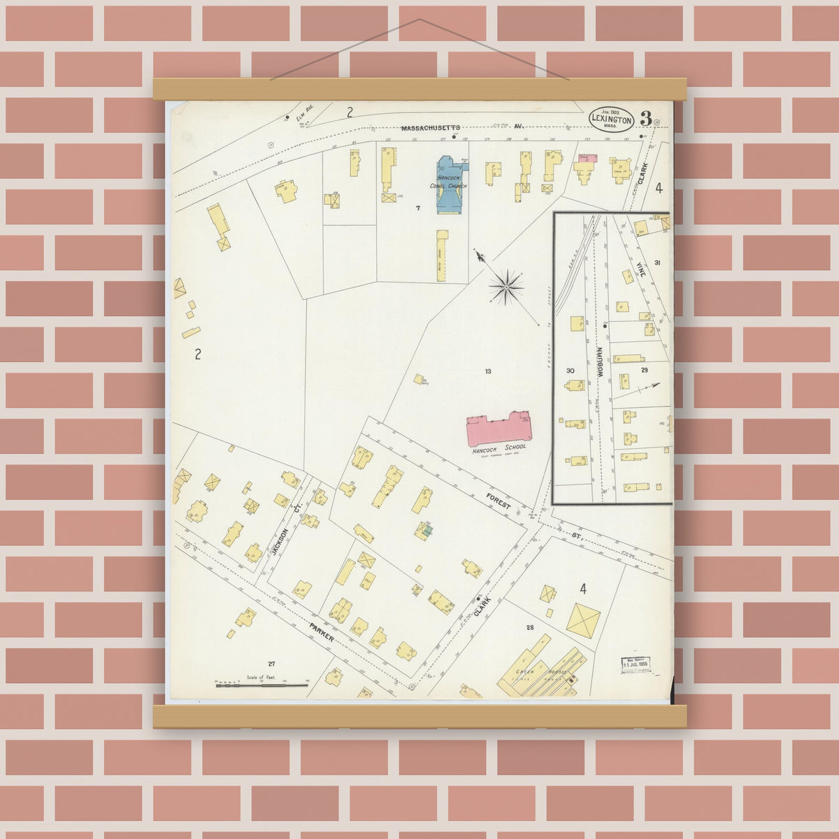 Old map wall art mockup — magnetic wood frame on brick wall — Sanborn Fire Insurance Map from Lexington, Middlesex County, Massachusetts (1903), Sheet #0003