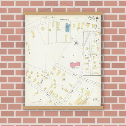 Old map wall art mockup — magnetic wood frame on brick wall — Sanborn Fire Insurance Map from Lexington, Middlesex County, Massachusetts (1903), Sheet #0003