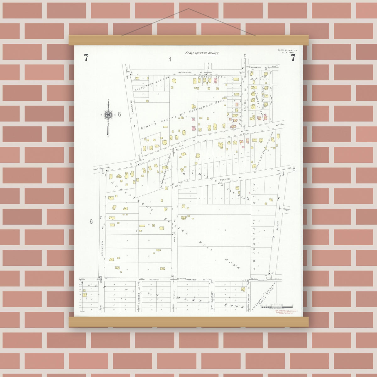 Old map wall art mockup — magnetic wood frame on brick wall — Sanborn Fire Insurance Map from Glen Ellyn, Du Page County, Illinois (1940), Sheet #0007