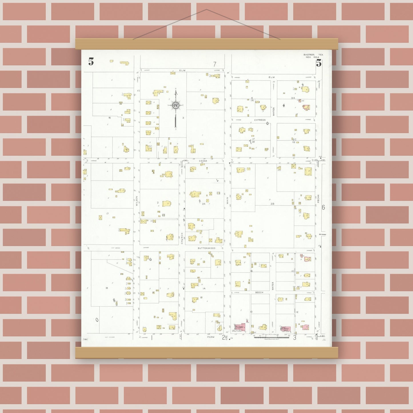 Old map wall art mockup — magnetic wood frame on brick wall — Sanborn Fire Insurance Map from Bastrop, Bastrop County, Texas (1934), Sheet #0005
