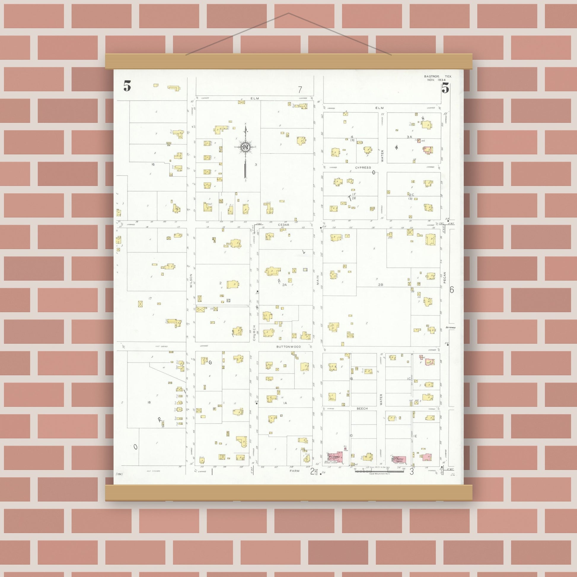 Old map wall art mockup — magnetic wood frame on brick wall — Sanborn Fire Insurance Map from Bastrop, Bastrop County, Texas (1934), Sheet #0005
