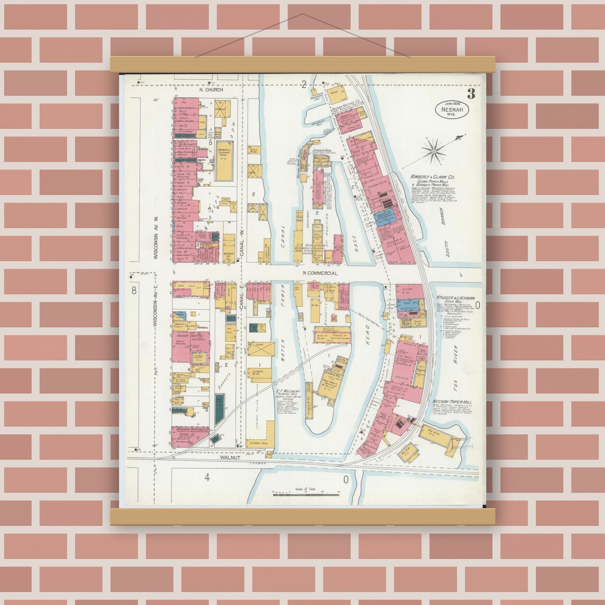 Old map wall art mockup — magnetic wood frame on brick wall — Sanborn Fire Insurance Map from Neenah, Winnebago County, Wisconsin (1906), Sheet #0003