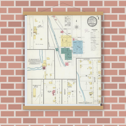 Old map wall art mockup — magnetic wood frame on brick wall — Sanborn Fire Insurance Map from Loudonville, Ashland County, Ohio (1893), Sheet #0001