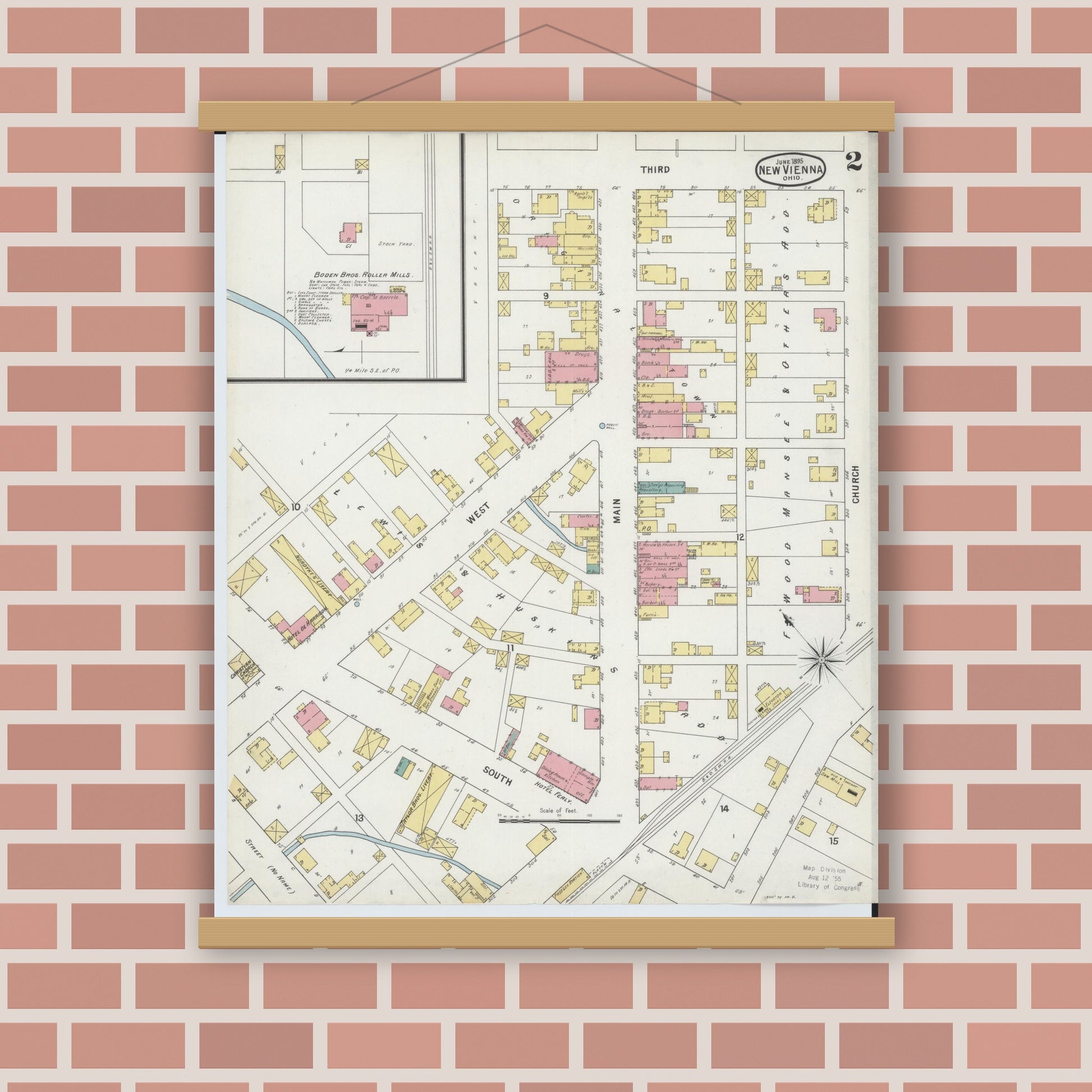 Old map wall art mockup — magnetic wood frame on brick wall — Sanborn Fire Insurance Map from New Vienna, Clinton County, Ohio (1895), Sheet #0002
