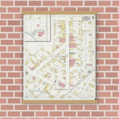 Old map wall art mockup — magnetic wood frame on brick wall — Sanborn Fire Insurance Map from New Vienna, Clinton County, Ohio (1895), Sheet #0002