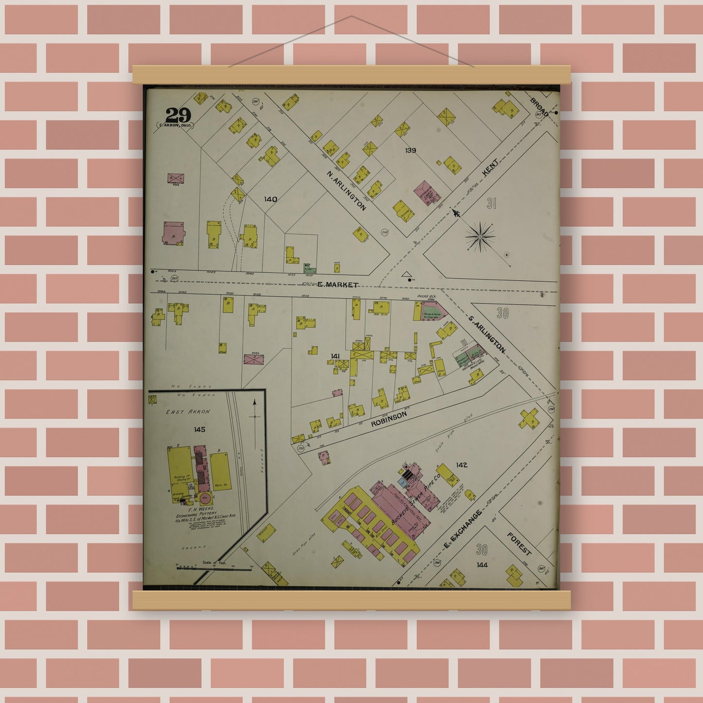 Old map wall art mockup — magnetic wood frame on brick wall — Sanborn Fire Insurance Map from Akron, Summit County, Ohio (1892), Sheet #0029