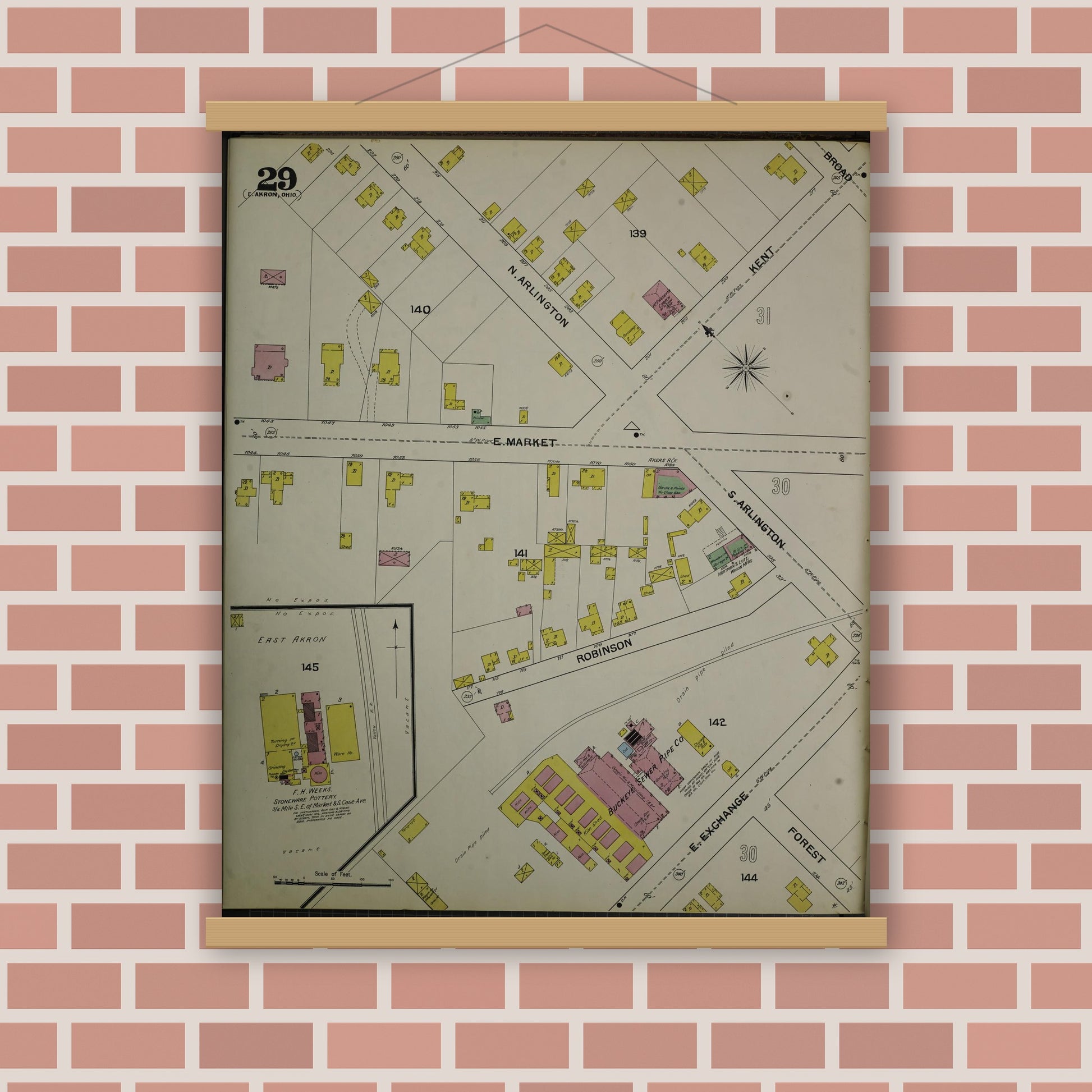 Old map wall art mockup — magnetic wood frame on brick wall — Sanborn Fire Insurance Map from Akron, Summit County, Ohio (1892), Sheet #0029