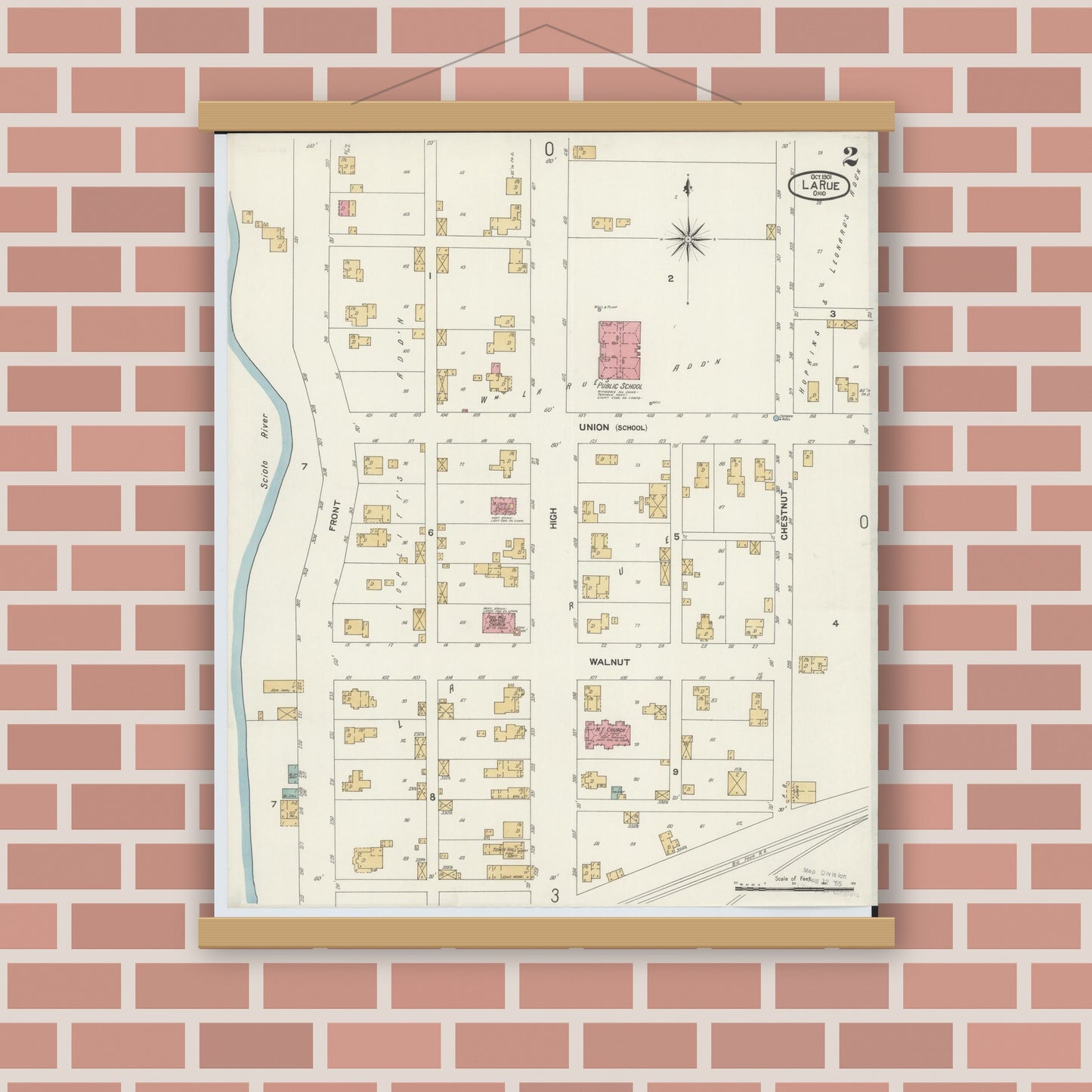 Old map wall art mockup — magnetic wood frame on brick wall — Sanborn Fire Insurance Map from La Rue, Marion County, Ohio (1901), Sheet #0002