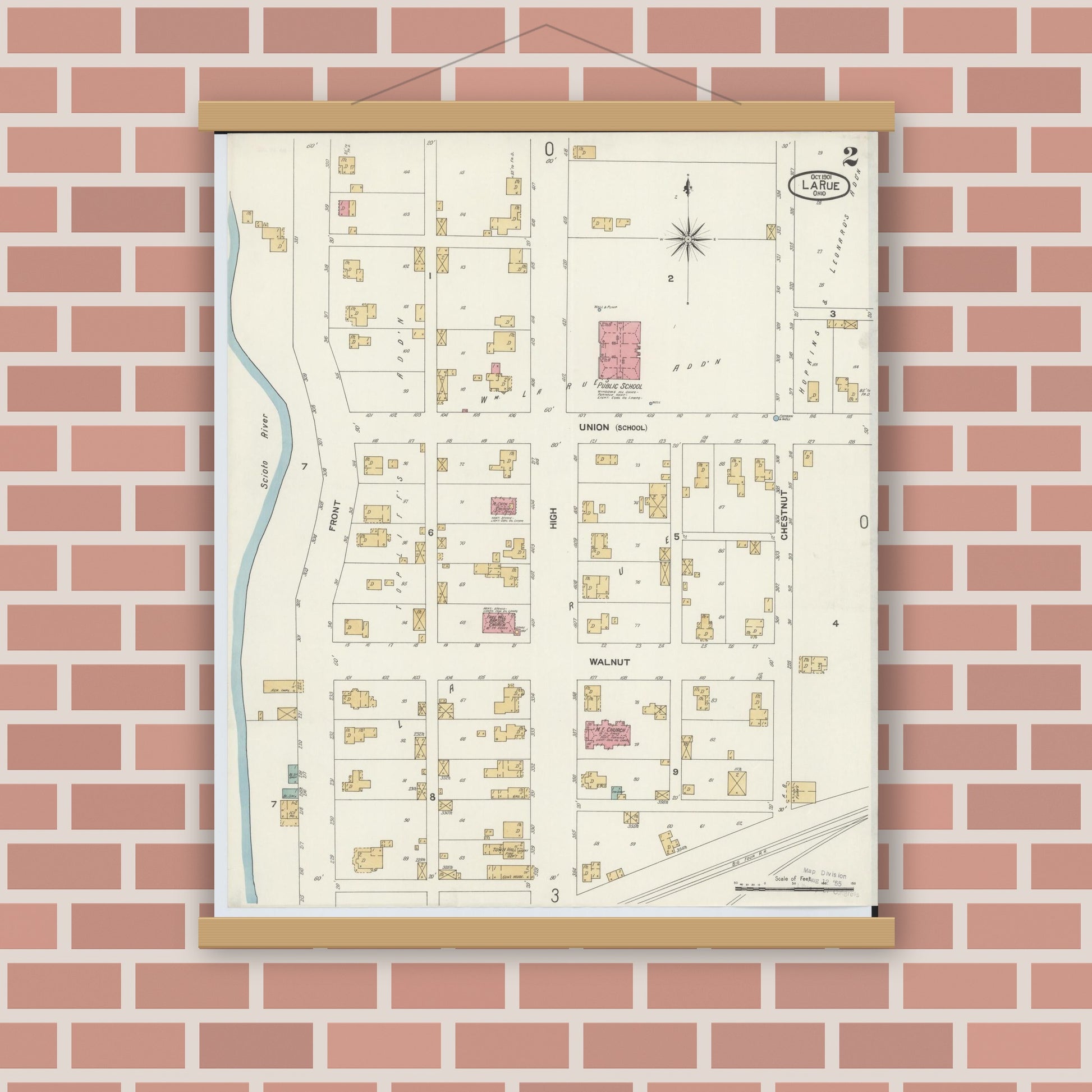 Old map wall art mockup — magnetic wood frame on brick wall — Sanborn Fire Insurance Map from La Rue, Marion County, Ohio (1901), Sheet #0002