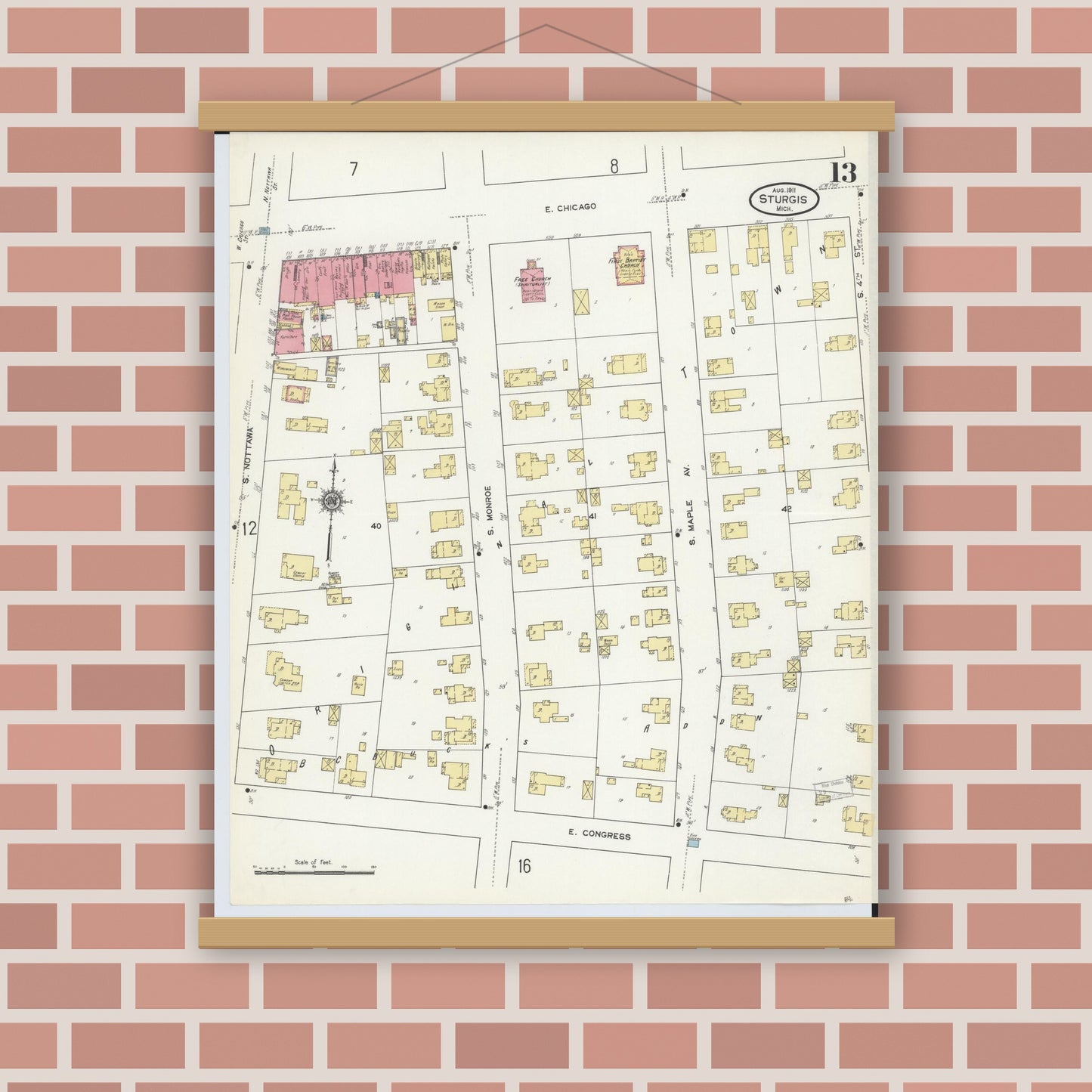 Old map wall art mockup — magnetic wood frame on brick wall — Sanborn Fire Insurance Map from Sturgis, Saint Joseph County, Michigan (1911), Sheet #0013