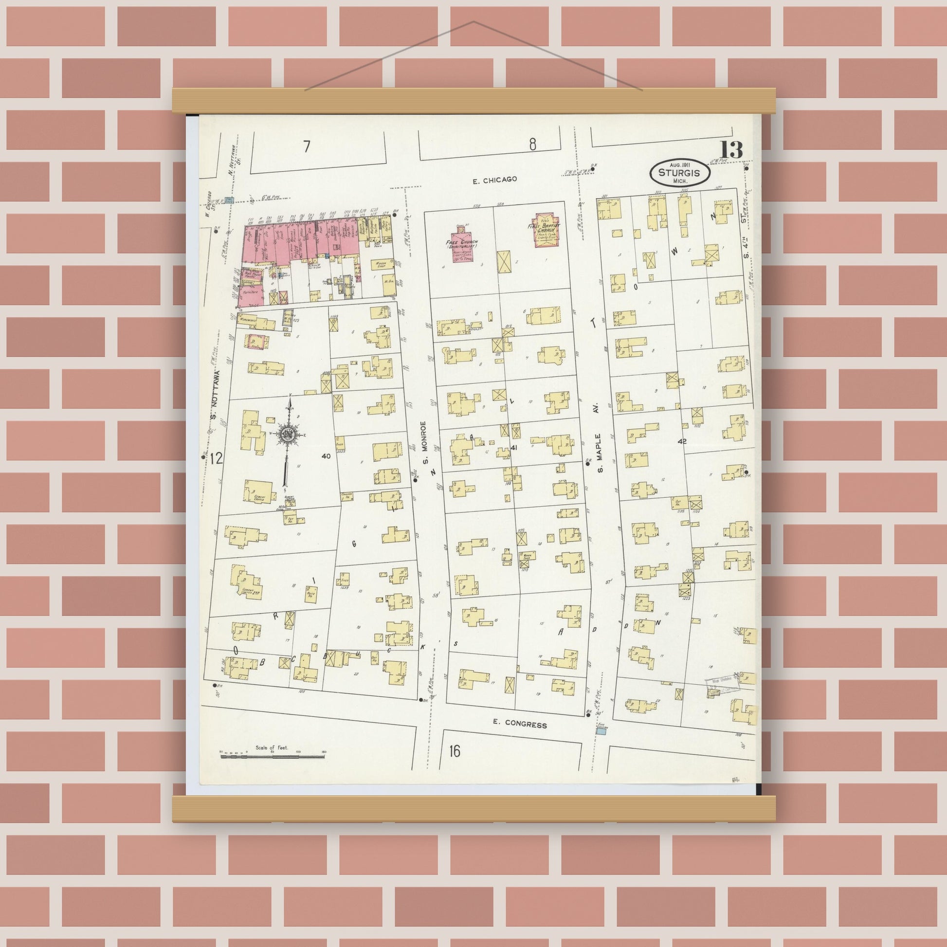 Old map wall art mockup — magnetic wood frame on brick wall — Sanborn Fire Insurance Map from Sturgis, Saint Joseph County, Michigan (1911), Sheet #0013