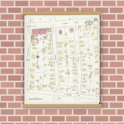 Old map wall art mockup — magnetic wood frame on brick wall — Sanborn Fire Insurance Map from Sturgis, Saint Joseph County, Michigan (1911), Sheet #0013