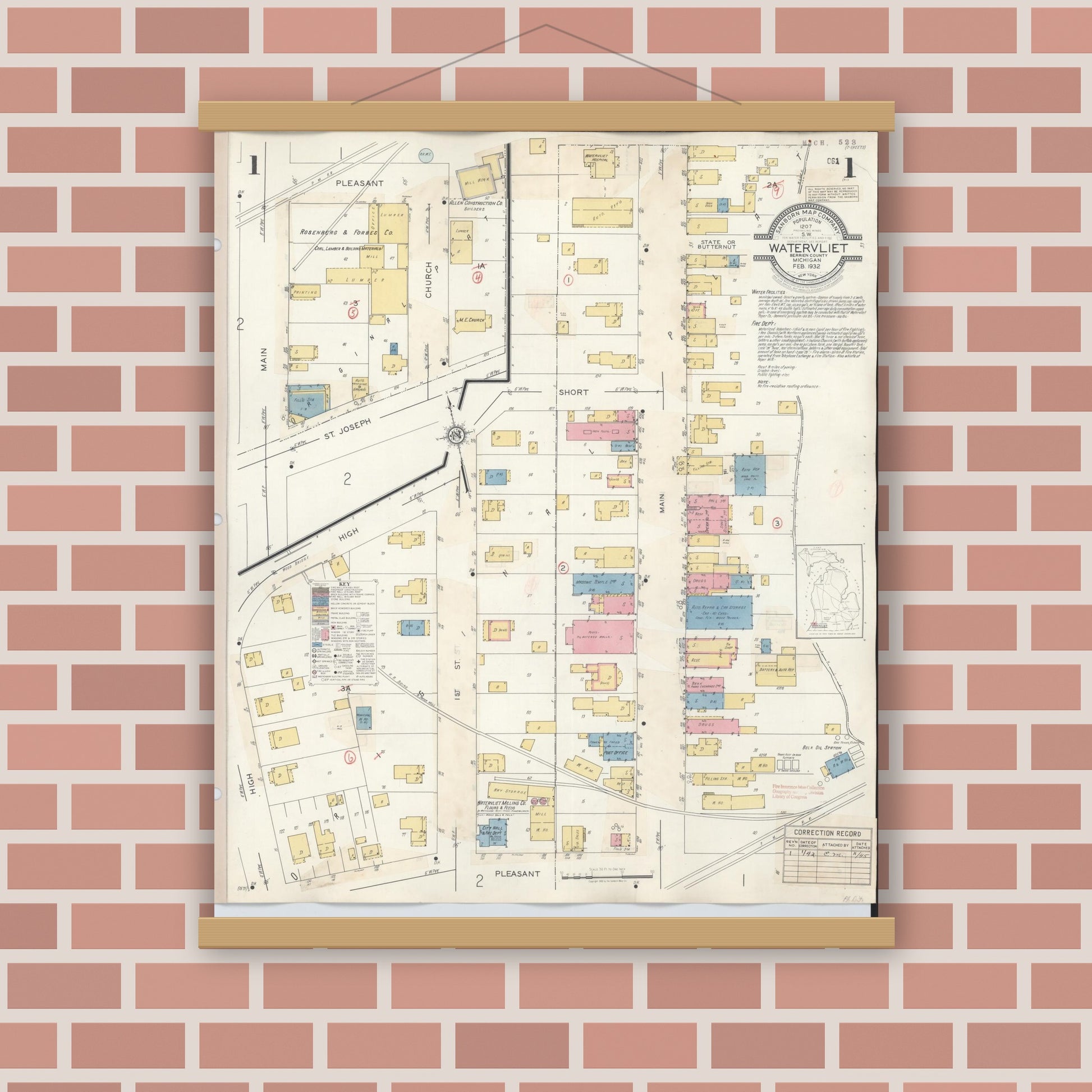 Old map wall art mockup — magnetic wood frame on brick wall — Sanborn Fire Insurance Map from Watervliet, Berrien County, Michigan (1942), Sheet #0001