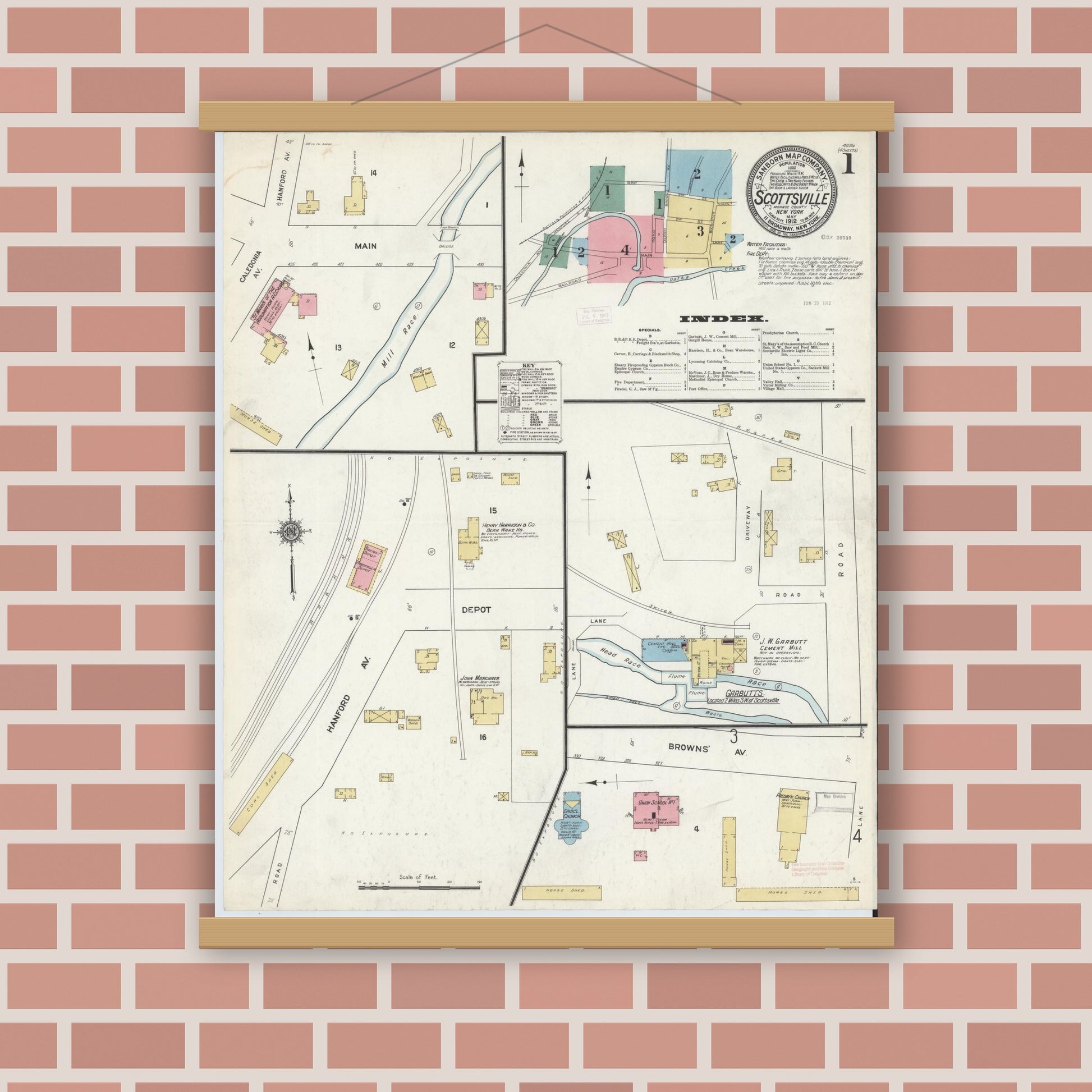 Old map wall art mockup — magnetic wood frame on brick wall — Sanborn Fire Insurance Map from Scottsville, Monroe County, New York (1912) - Complete Map Set