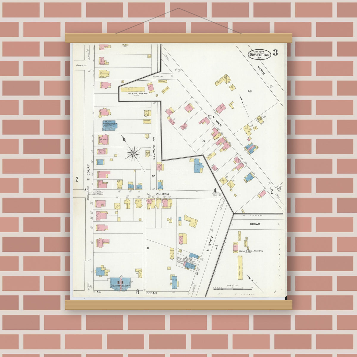 Old map wall art mockup — magnetic wood frame on brick wall — Sanborn Fire Insurance Map from Doylestown, Bucks County, Pennsylvania (1909), Sheet #0003