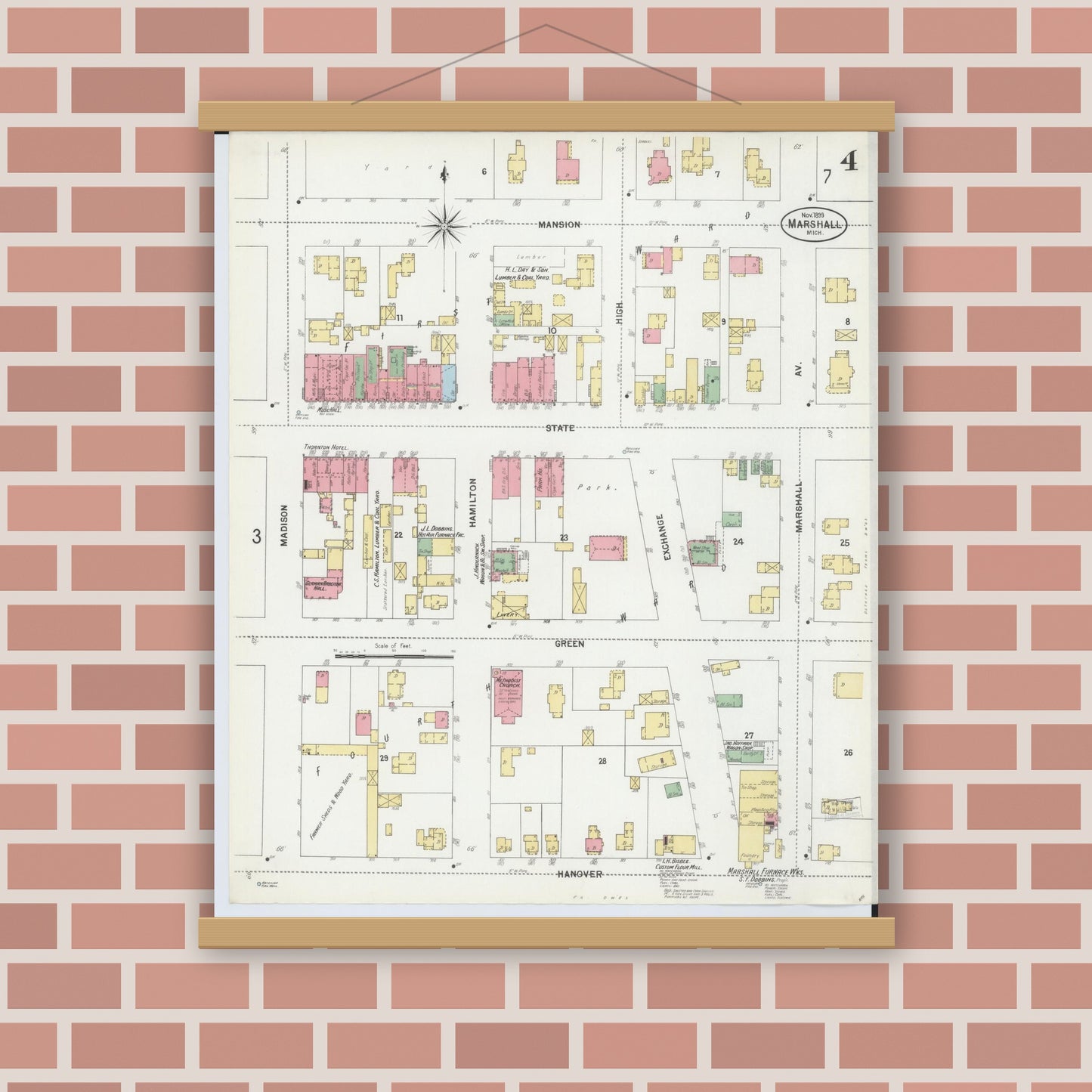 Old map wall art mockup — magnetic wood frame on brick wall — Sanborn Fire Insurance Map from Marshall, Calhoun County, Michigan (1899), Sheet #0004