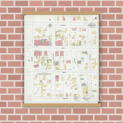 Old map wall art mockup — magnetic wood frame on brick wall — Sanborn Fire Insurance Map from Marshall, Calhoun County, Michigan (1899), Sheet #0004