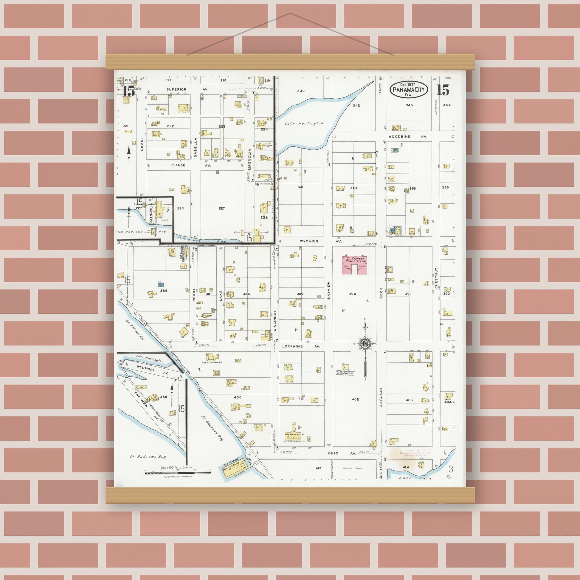 Old map wall art mockup — magnetic wood frame on brick wall — Sanborn Fire Insurance Map from Panama City, Bay County, Florida (1927), Sheet #0015