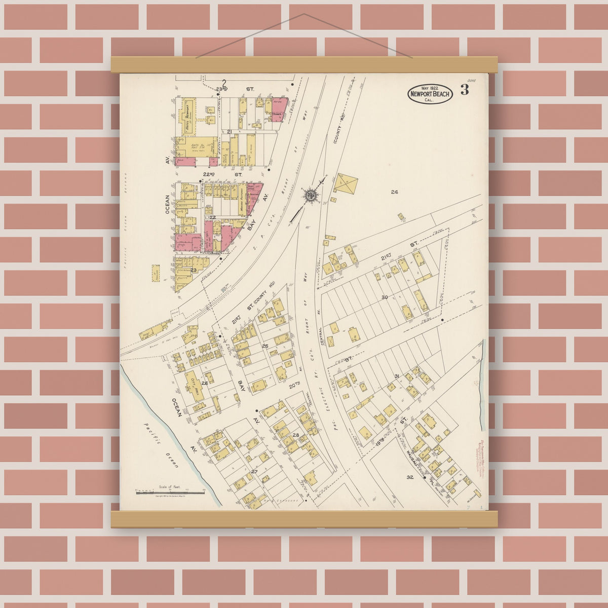 Old map wall art mockup — magnetic wood frame on brick wall — Sanborn Fire Insurance Map from Newport Beach, Orange County, California (1922), Sheet #0003