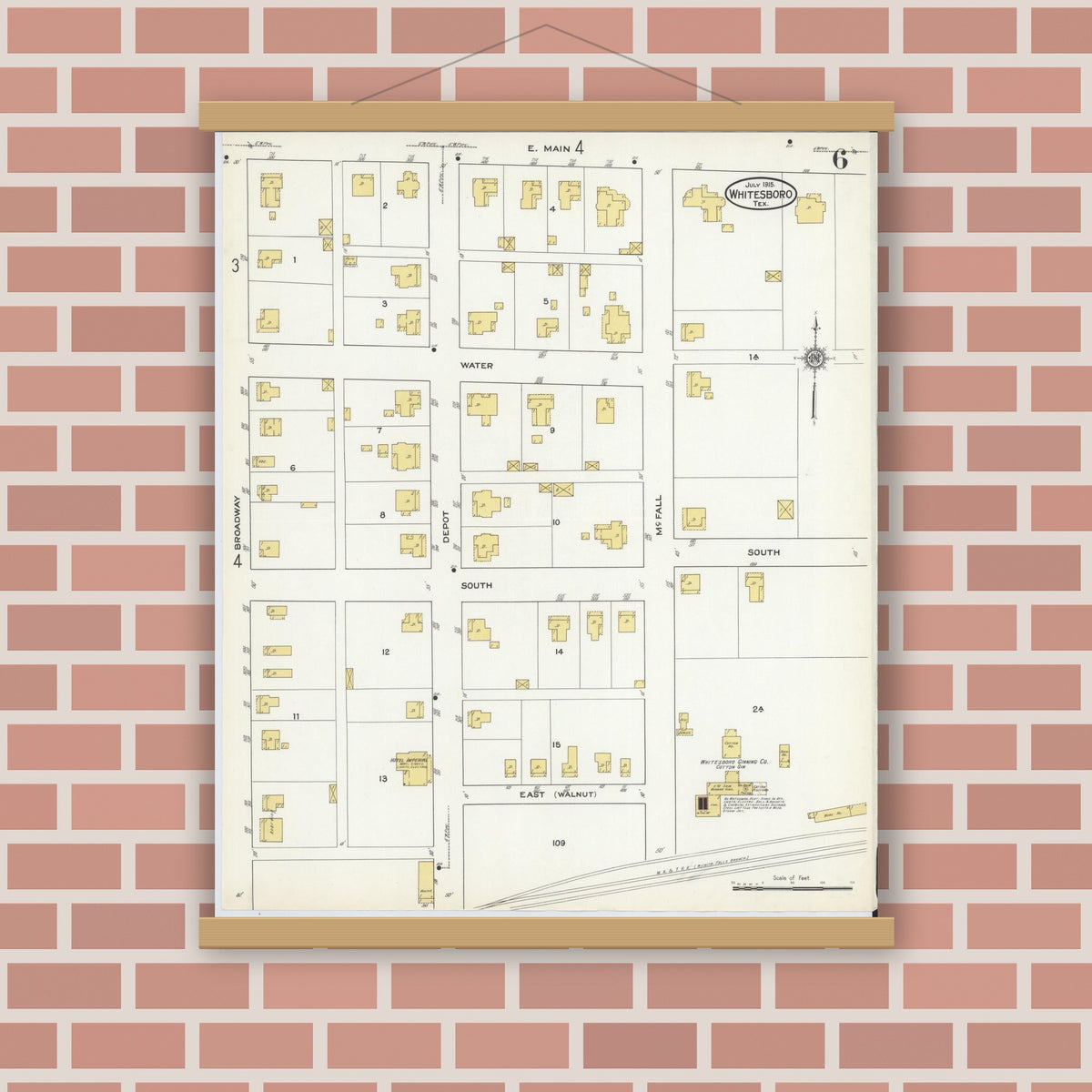 Old map wall art mockup — magnetic wood frame on brick wall — Sanborn Fire Insurance Map from Whitesboro, Grayson County, Texas (1915), Sheet #0006