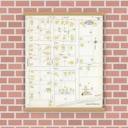 Old map wall art mockup — magnetic wood frame on brick wall — Sanborn Fire Insurance Map from Whitesboro, Grayson County, Texas (1915), Sheet #0006