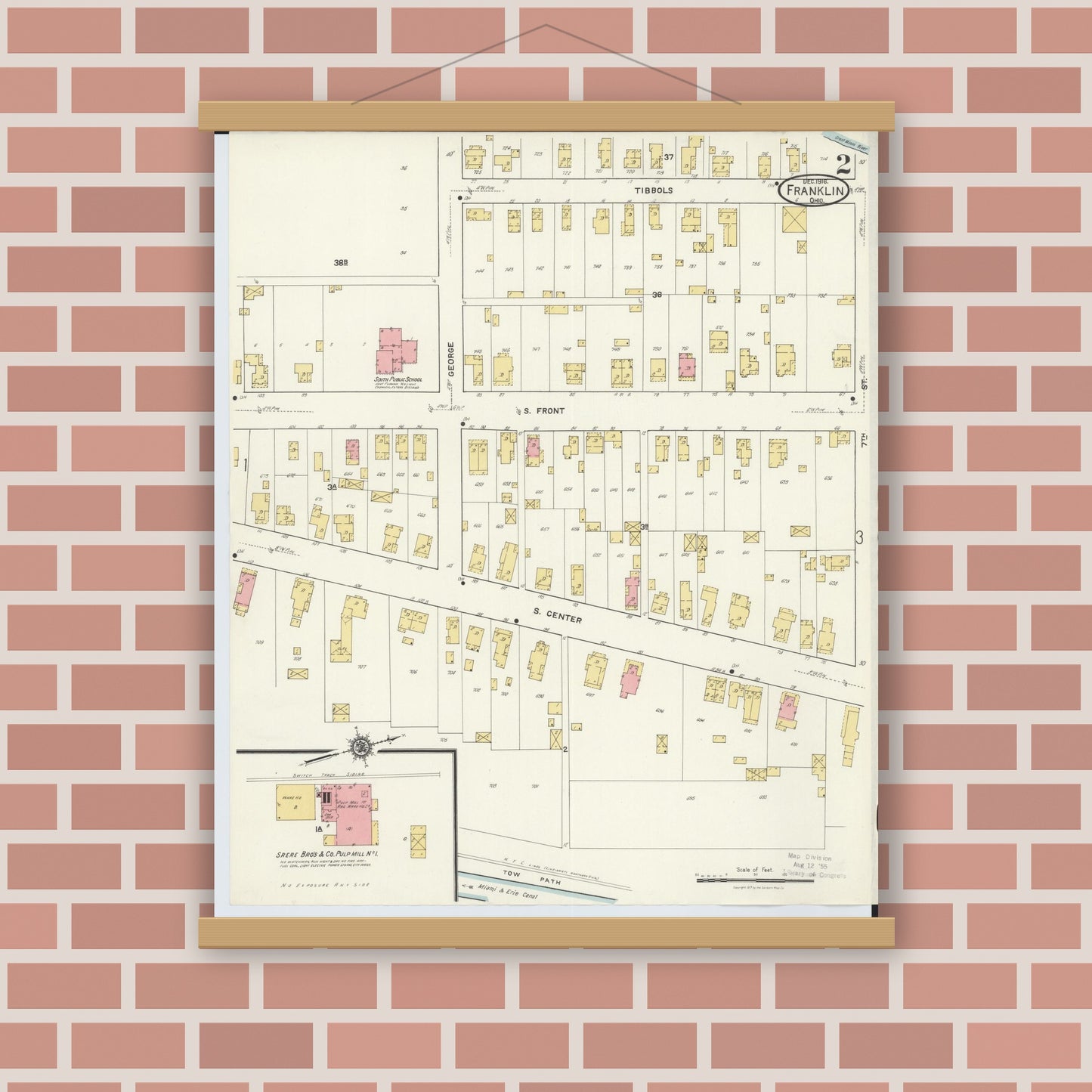Old map wall art mockup — magnetic wood frame on brick wall — Sanborn Fire Insurance Map from Franklin, Warren County, Ohio (1916), Sheet #0002